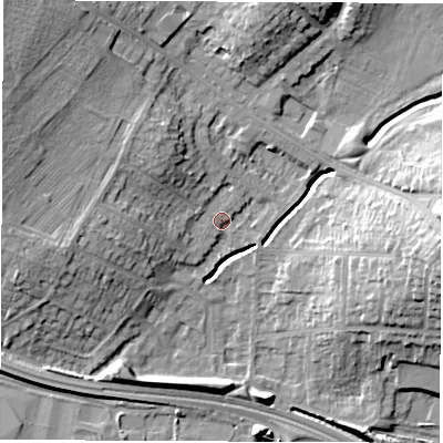 Shaded relief map of the ground around DE216QE, computed from Environment Agency LiDAR. The ground here sits at about 47 m above sea level and falls 19 m across the surrounding 800 m. Surface water reaching this point runs off ground lying to the north-west, 12.1 m higher.