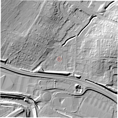Shaded relief map of the ground around DE216QG, computed from Environment Agency LiDAR. The ground here sits at about 45 m above sea level and falls 18 m across the surrounding 800 m. Surface water reaching this point runs off ground lying to the west-north-west, 10.0 m higher.
