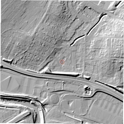 Shaded relief map of the ground around DE216QH, computed from Environment Agency LiDAR. The ground here sits at about 45 m above sea level and falls 18 m across the surrounding 800 m. Surface water reaching this point runs off ground lying to the north-west, 11.7 m higher.