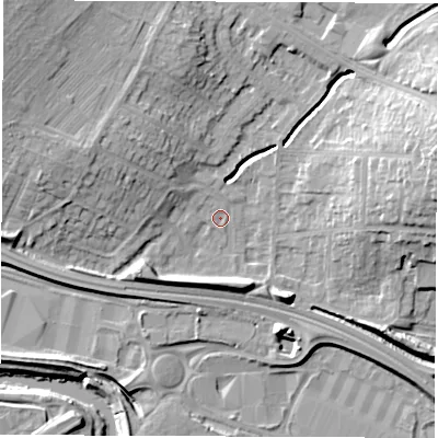 Shaded relief map of the ground around DE216RQ, computed from Environment Agency LiDAR. The ground here sits at about 46 m above sea level and falls 19 m across the surrounding 800 m. Surface water reaching this point runs off ground lying to the west-north-west, 9.7 m higher.
