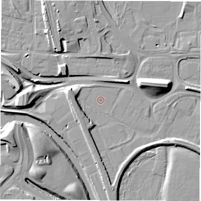 Shaded relief map of the ground around DE216RR, computed from Environment Agency LiDAR. The ground here sits at about 45 m above sea level and falls 14 m across the surrounding 800 m. The ground contributing surface water to this point lies to the south-south-east.