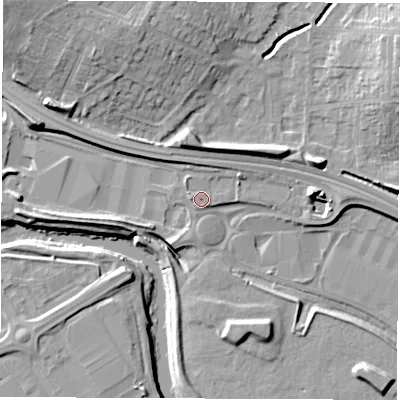 Shaded relief map of the ground around DE216RS, computed from Environment Agency LiDAR. The ground here sits at about 45 m above sea level and falls 16 m across the surrounding 800 m. Surface water reaching this point runs off ground lying to the west-north-west, 9.1 m higher.