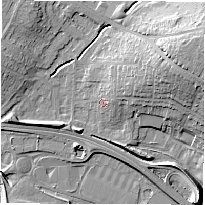 Shaded relief map of the ground around DE216SL, computed from Environment Agency LiDAR. The ground here sits at about 48 m above sea level and falls 25 m across the surrounding 800 m. Surface water reaching this point runs off ground lying to the east-north-east, 7.6 m higher.