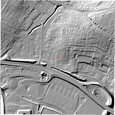Shaded relief map of the ground around DE216SR, computed from Environment Agency LiDAR. The ground here sits at about 47 m above sea level and falls 25 m across the surrounding 800 m. Surface water reaching this point runs off ground lying to the north-east, 5.6 m higher.