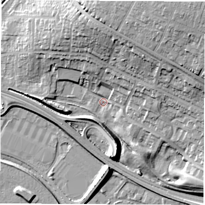 Shaded relief map of the ground around DE216TZ, computed from Environment Agency LiDAR. The ground here sits at about 46 m above sea level and falls 28 m across the surrounding 800 m. Surface water reaching this point runs off ground lying to the north-north-east, 18.5 m higher.