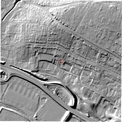 Shaded relief map of the ground around DE216UD, computed from Environment Agency LiDAR. The ground here sits at about 49 m above sea level and falls 28 m across the surrounding 800 m. Surface water reaching this point runs off ground lying to the north-north-east, 13.4 m higher.