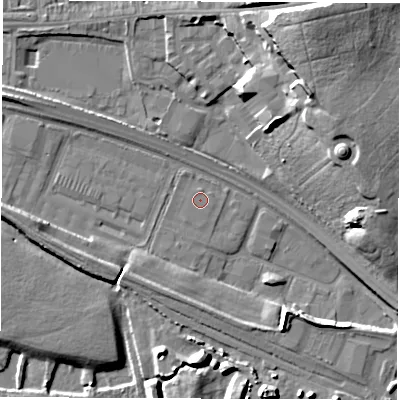 Shaded relief map of the ground around DE216WT, computed from Environment Agency LiDAR. The ground here sits at about 44 m above sea level and falls 23 m across the surrounding 800 m. Surface water reaching this point runs off ground lying to the north-east, 21.4 m higher.