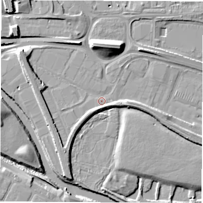Shaded relief map of the ground around DE216WU, computed from Environment Agency LiDAR. The ground here sits at about 45 m above sea level and falls 13 m across the surrounding 800 m. Surface water reaching this point runs off ground lying to the south-west, 3.3 m higher.