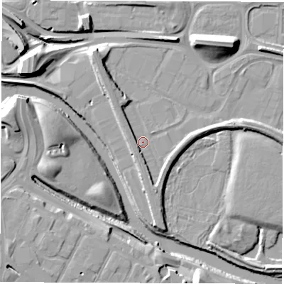 Shaded relief map of the ground around DE216XB, computed from Environment Agency LiDAR. The ground here sits at about 46 m above sea level and falls 14 m across the surrounding 800 m. Surface water reaching this point runs off ground lying to the south-south-east, 2.9 m higher.
