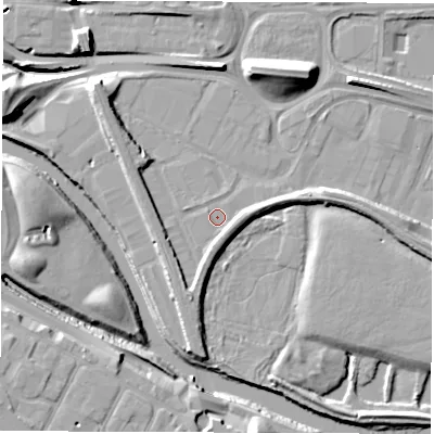 Shaded relief map of the ground around DE216XE, computed from Environment Agency LiDAR. The ground here sits at about 46 m above sea level and falls 14 m across the surrounding 800 m. Surface water reaching this point runs off ground lying to the south, 2.5 m higher.