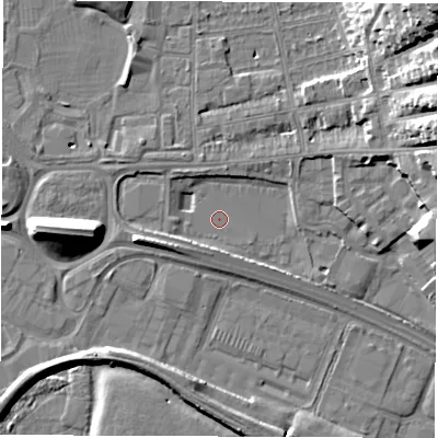 Shaded relief map of the ground around DE216XQ, computed from Environment Agency LiDAR. The ground here sits at about 45 m above sea level and falls 21 m across the surrounding 800 m. Surface water reaching this point runs off ground lying to the west-south-west, 2.2 m higher.