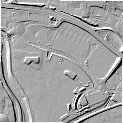 Shaded relief map of the ground around DE216YH, computed from Environment Agency LiDAR. The ground here sits at about 45 m above sea level and falls 20 m across the surrounding 800 m. Surface water reaching this point runs off ground lying to the north, 1.0 m higher.