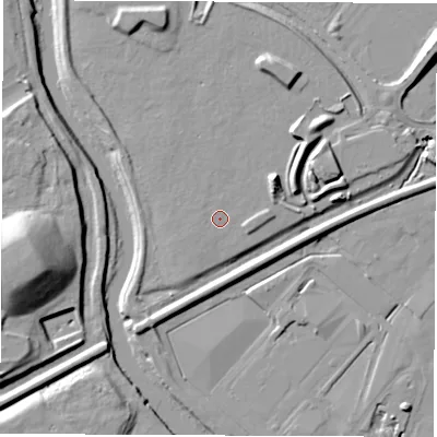 Shaded relief map of the ground around DE216YN, computed from Environment Agency LiDAR. The ground here sits at about 44 m above sea level and falls 21 m across the surrounding 800 m. Surface water reaching this point runs off ground lying to the north, 0.6 m higher.