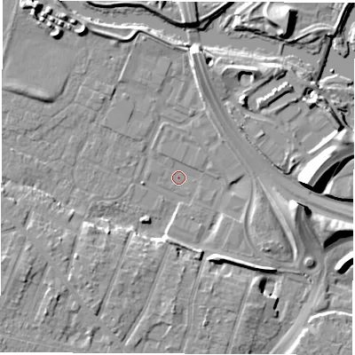 Shaded relief map of the ground around DE217AY, computed from Environment Agency LiDAR. The ground here sits at about 41 m above sea level and falls 12 m across the surrounding 800 m. Surface water reaching this point runs off ground lying to the south-south-east, 5.5 m higher.