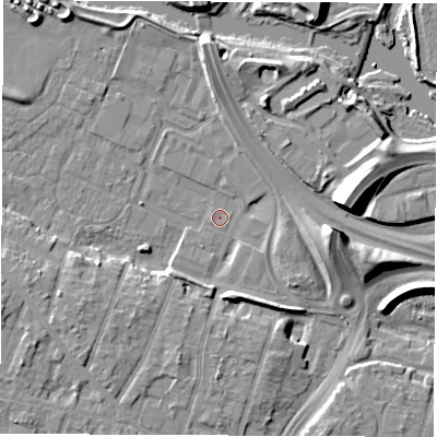 Shaded relief map of the ground around DE217AZ, computed from Environment Agency LiDAR. The ground here sits at about 41 m above sea level and falls 12 m across the surrounding 800 m. Surface water reaching this point runs off ground lying to the south, 5.2 m higher.
