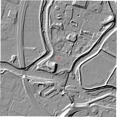 Shaded relief map of the ground around DE217BA, computed from Environment Agency LiDAR. The ground here sits at about 42 m above sea level and falls 12 m across the surrounding 800 m. Surface water reaching this point runs off ground lying to the south-south-west, 6.6 m higher.