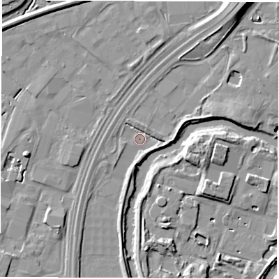 Shaded relief map of the ground around DE217BB, computed from Environment Agency LiDAR. The ground here sits at about 41 m above sea level and falls 14 m across the surrounding 800 m. Surface water reaching this point runs off ground lying to the north-east, 9.1 m higher.