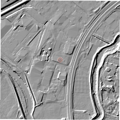 Shaded relief map of the ground around DE217BD, computed from Environment Agency LiDAR. The ground here sits at about 43 m above sea level and falls 6 m across the surrounding 800 m. Surface water reaching this point runs off ground lying to the north-east, 1.2 m higher.
