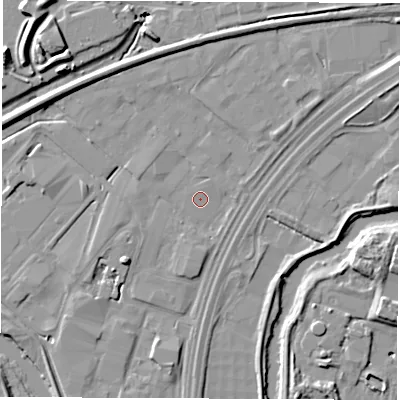 Shaded relief map of the ground around DE217BE, computed from Environment Agency LiDAR. The ground here sits at about 42 m above sea level and falls 12 m across the surrounding 800 m. Surface water reaching this point runs off ground lying to the west-south-west, 2.3 m higher.