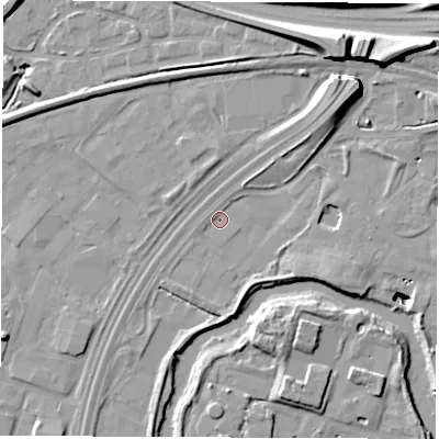 Shaded relief map of the ground around DE217BF, computed from Environment Agency LiDAR. The ground here sits at about 41 m above sea level and falls 18 m across the surrounding 800 m. Surface water reaching this point runs off ground lying to the north-east, 12.0 m higher.