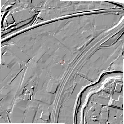 Shaded relief map of the ground around DE217BG, computed from Environment Agency LiDAR. The ground here sits at about 42 m above sea level and falls 12 m across the surrounding 800 m. Surface water reaching this point runs off ground lying to the north, 0.7 m higher.