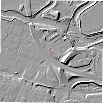 Shaded relief map of the ground around DE217BH, computed from Environment Agency LiDAR. The ground here sits at about 42 m above sea level and falls 12 m across the surrounding 800 m. Surface water reaching this point runs off ground lying to the south-south-east, 8.8 m higher.
