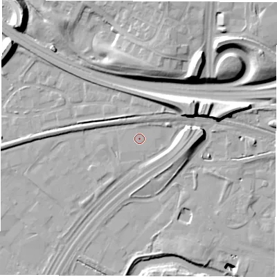Shaded relief map of the ground around DE217BL, computed from Environment Agency LiDAR. The ground here sits at about 42 m above sea level and falls 23 m across the surrounding 800 m. The ground contributing surface water to this point lies to the north.