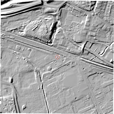 Shaded relief map of the ground around DE217BN, computed from Environment Agency LiDAR. The ground here sits at about 42 m above sea level and falls 18 m across the surrounding 800 m. Surface water reaching this point runs off ground lying to the north-north-east, 16.4 m higher.