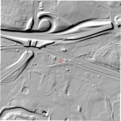 Shaded relief map of the ground around DE217BR, computed from Environment Agency LiDAR. The ground here sits at about 43 m above sea level and falls 24 m across the surrounding 800 m. Surface water reaching this point runs off ground lying to the west-north-west, 8.4 m higher.