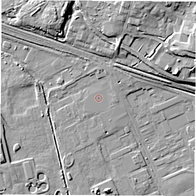 Shaded relief map of the ground around DE217BS, computed from Environment Agency LiDAR. The ground here sits at about 41 m above sea level and falls 14 m across the surrounding 800 m. Surface water reaching this point runs off ground lying to the south-west, 0.7 m higher.