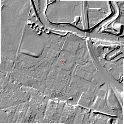 Shaded relief map of the ground around DE217BX, computed from Environment Agency LiDAR. The ground here sits at about 41 m above sea level and falls 9 m across the surrounding 800 m. Surface water reaching this point runs off ground lying to the south-south-west, 5.9 m higher.
