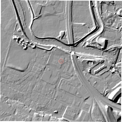 Shaded relief map of the ground around DE217BY, computed from Environment Agency LiDAR. The ground here sits at about 42 m above sea level and falls 12 m across the surrounding 800 m. Surface water reaching this point runs off ground lying to the west-north-west, 6.0 m higher.