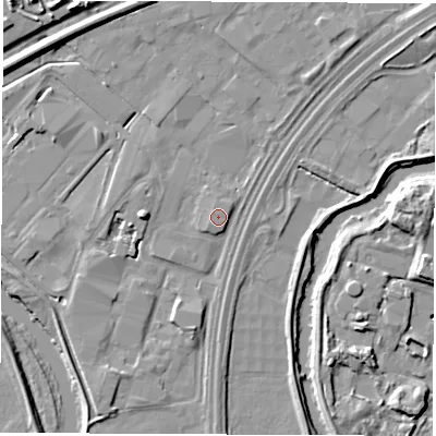 Shaded relief map of the ground around DE217BZ, computed from Environment Agency LiDAR. The ground here sits at about 43 m above sea level and falls 8 m across the surrounding 800 m. Surface water reaching this point runs off ground lying to the west, 4.6 m higher.