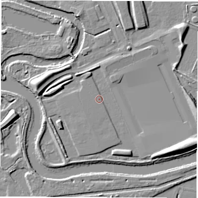Shaded relief map of the ground around DE217HW, computed from Environment Agency LiDAR. The ground here sits at about 41 m above sea level and falls 10 m across the surrounding 800 m. Surface water reaching this point runs off ground lying to the west, 6.2 m higher.