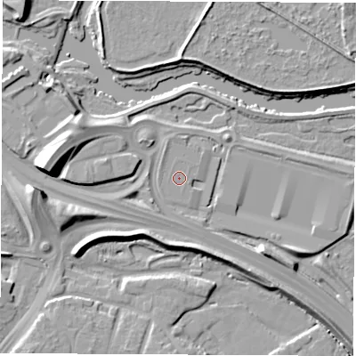 Shaded relief map of the ground around DE217HZ, computed from Environment Agency LiDAR. The ground here sits at about 41 m above sea level and falls 13 m across the surrounding 800 m. The ground contributing surface water to this point lies to the south-east.