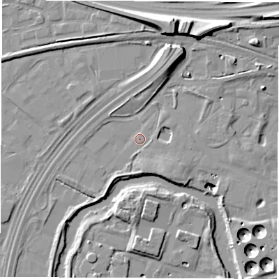 Shaded relief map of the ground around DE217RW, computed from Environment Agency LiDAR. The ground here sits at about 42 m above sea level and falls 18 m across the surrounding 800 m. Surface water reaching this point runs off ground lying to the south-east, 3.7 m higher.