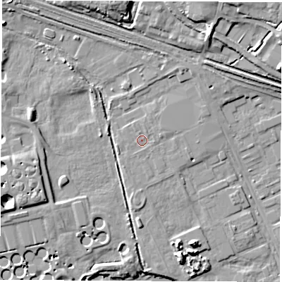 Shaded relief map of the ground around DE217UL, computed from Environment Agency LiDAR. The ground here sits at about 41 m above sea level and falls 14 m across the surrounding 800 m. Surface water reaching this point runs off ground lying to the north-north-east, 0.6 m higher.