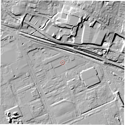 Shaded relief map of the ground around DE217UN, computed from Environment Agency LiDAR. The ground here sits at about 40 m above sea level and falls 18 m across the surrounding 800 m. Surface water reaching this point runs off ground lying to the north, 1.1 m higher.