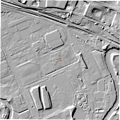 Shaded relief map of the ground around DE217UP, computed from Environment Agency LiDAR. The ground here sits at about 40 m above sea level and falls 13 m across the surrounding 800 m. Surface water reaching this point runs off ground lying to the west-north-west, 0.8 m higher.