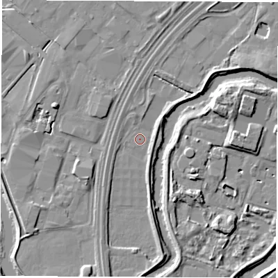 Shaded relief map of the ground around DE217WA, computed from Environment Agency LiDAR. The ground here sits at about 42 m above sea level and falls 7 m across the surrounding 800 m. Surface water reaching this point runs off ground lying to the south-south-west, 4.6 m higher.