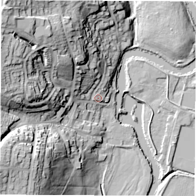 Shaded relief map of the ground around DE221DL, computed from Environment Agency LiDAR. The ground here sits at about 54 m above sea level and falls 47 m across the surrounding 800 m. Surface water reaching this point runs off ground lying to the north-west, 38.8 m higher.