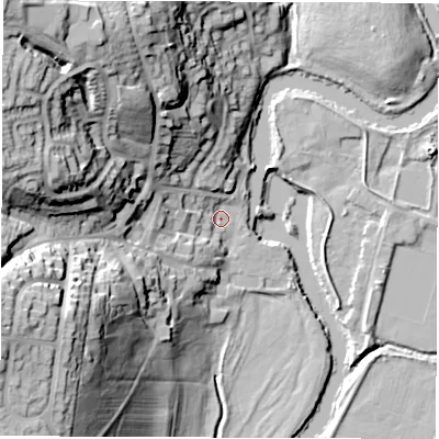 Shaded relief map of the ground around DE221DN, computed from Environment Agency LiDAR. The ground here sits at about 49 m above sea level and falls 45 m across the surrounding 800 m. Surface water reaching this point runs off ground lying to the west-south-west, 37.4 m higher.
