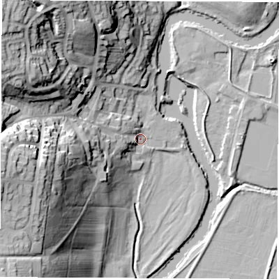 Shaded relief map of the ground around DE221DU, computed from Environment Agency LiDAR. The ground here sits at about 48 m above sea level and falls 43 m across the surrounding 800 m. Surface water reaching this point runs off ground lying to the west-south-west, 38.0 m higher.