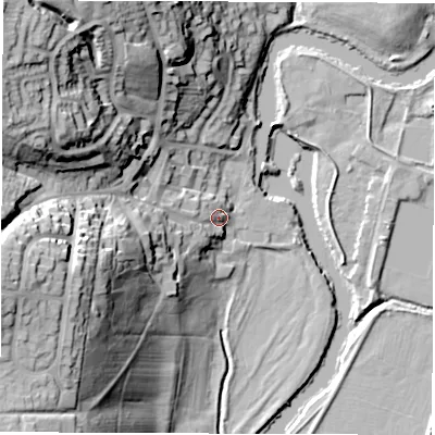 Shaded relief map of the ground around DE221DW, computed from Environment Agency LiDAR. The ground here sits at about 52 m above sea level and falls 44 m across the surrounding 800 m. Surface water reaching this point runs off ground lying to the west-south-west, 27.4 m higher.