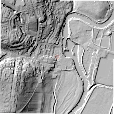 Shaded relief map of the ground around DE221DX, computed from Environment Agency LiDAR. The ground here sits at about 49 m above sea level and falls 43 m across the surrounding 800 m. Surface water reaching this point runs off ground lying to the west-south-west, 37.5 m higher.