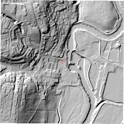 Shaded relief map of the ground around DE221DY, computed from Environment Agency LiDAR. The ground here sits at about 49 m above sea level and falls 44 m across the surrounding 800 m. Surface water reaching this point runs off ground lying to the west-south-west, 36.2 m higher.