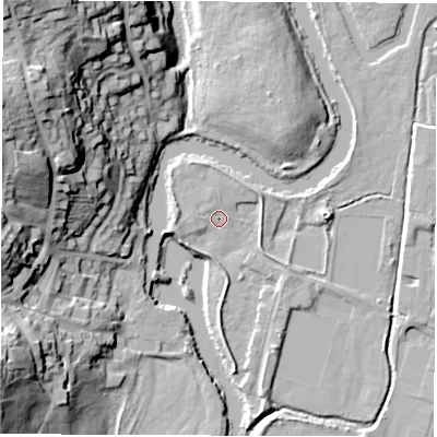 Shaded relief map of the ground around DE221DZ, computed from Environment Agency LiDAR. The ground here sits at about 48 m above sea level and falls 37 m across the surrounding 800 m. Surface water reaching this point runs off ground lying to the north-north-west, 1.2 m higher.