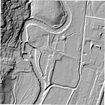 Shaded relief map of the ground around DE221EB, computed from Environment Agency LiDAR. The ground here sits at about 48 m above sea level and falls 29 m across the surrounding 800 m. Surface water reaching this point runs off ground lying to the east, 2.0 m higher.