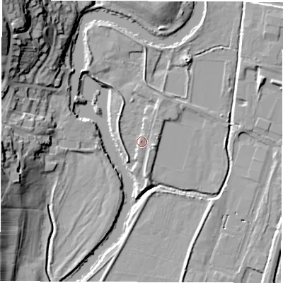 Shaded relief map of the ground around DE221ED, computed from Environment Agency LiDAR. The ground here sits at about 48 m above sea level and falls 31 m across the surrounding 800 m. Surface water reaching this point runs off ground lying to the north, 2.8 m higher.