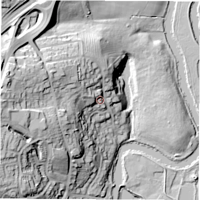 Shaded relief map of the ground around DE221FB, computed from Environment Agency LiDAR. The ground here sits at about 63 m above sea level and falls 46 m across the surrounding 800 m. Surface water reaching this point runs off ground lying to the west-north-west, 21.5 m higher.
